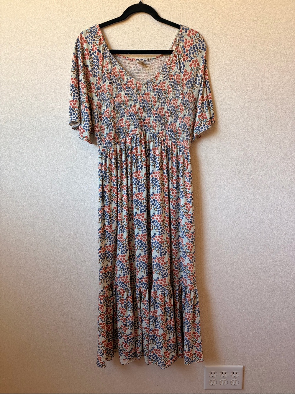 Kate Quinn M Maxi Dress with Blue & Coral Floral Print with Pickets